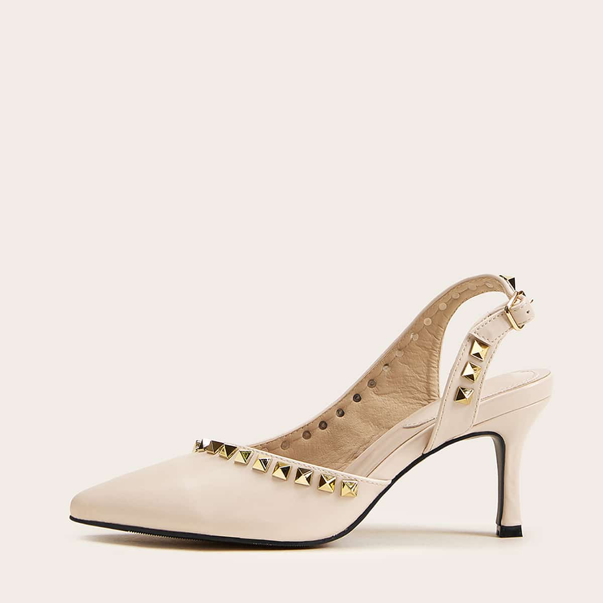 

Point Toe Studded Decor Slingback Stiletto Heels, Beige