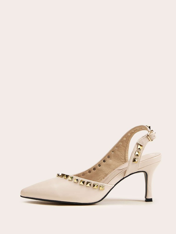 

Point Toe Studded Decor Slingback Stiletto Heels, Beige