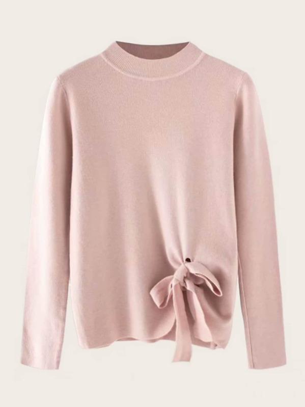 

Stand Collar Knot Hem Sweater, Pink