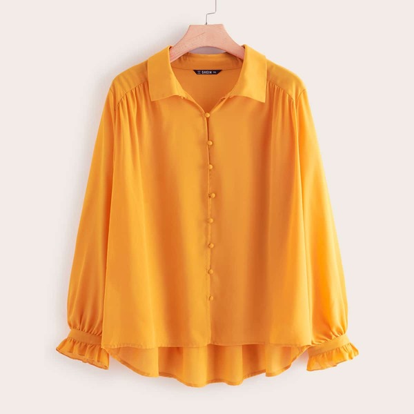 

Plus Button Front Ruffle Cuff Blouse, Yellow bright