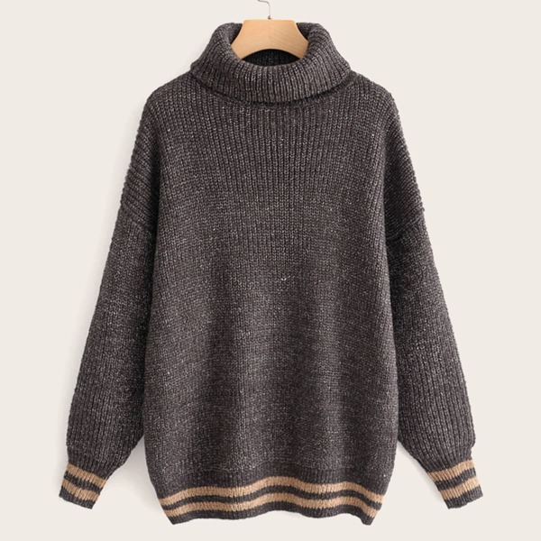 

Contrast Panel High Neck Ribbed Knit Sweater, Grey