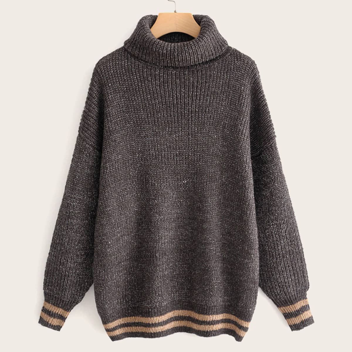 

Contrast Panel High Neck Ribbed Knit Sweater, Grey