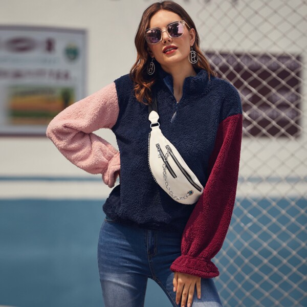

Contrast Flounce Sleeve Quarter Zip Teddy Sweatshirt, Multicolor