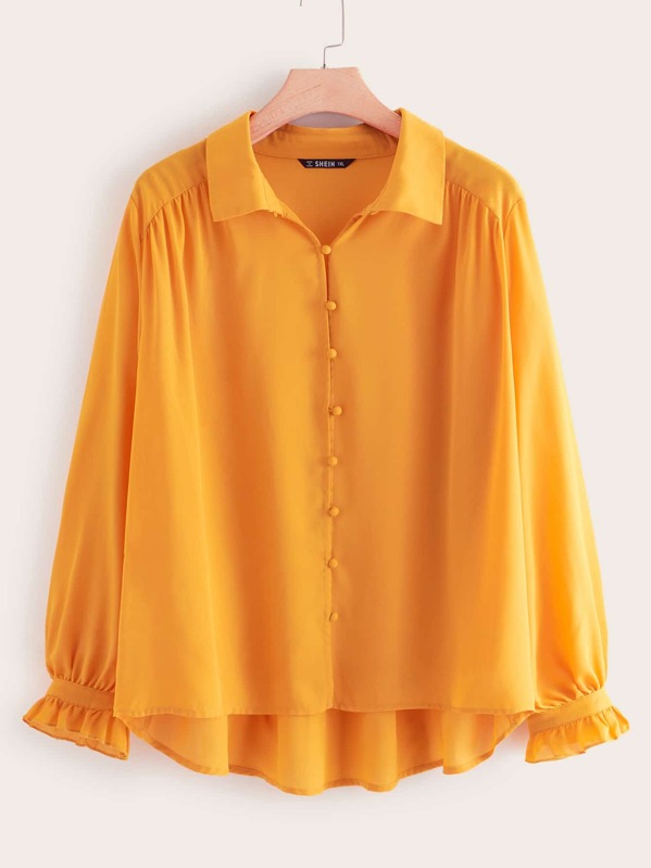 

Plus Button Front Ruffle Cuff Blouse, Yellow
