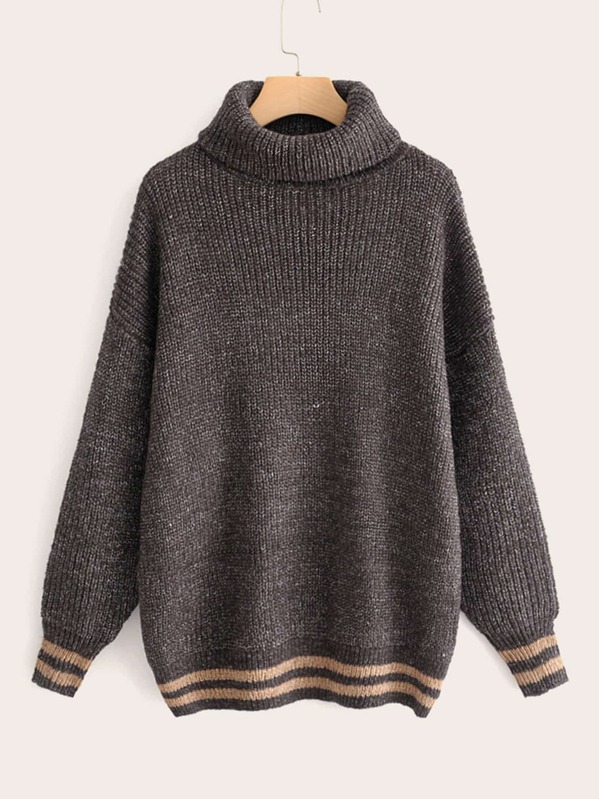 

Contrast Panel High Neck Ribbed Knit Sweater, Grey