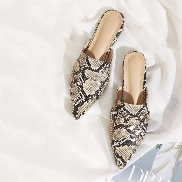 

Point Toe Snakeskin Flat Mules