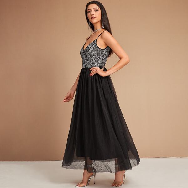 

Double V-neck Lace Bodice Mesh Flare Slip Dress, Black