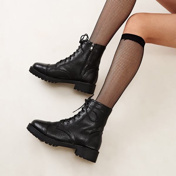

Side Zip Lace-up Front Combat Boots, Black
