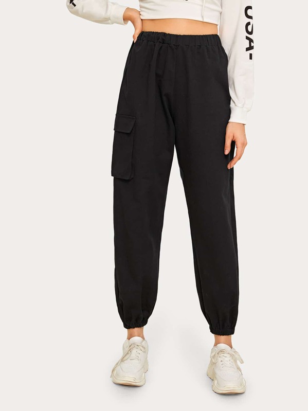 

Solid Side Flap Pocket Cargo Pants, Black, Nikola