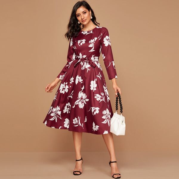 

Floral Print Belted Flare Dress, Burgundy