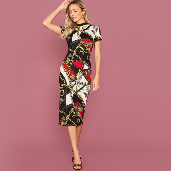 

Mock Neck Split Hem Chain Print Pencil Dress, Multicolor