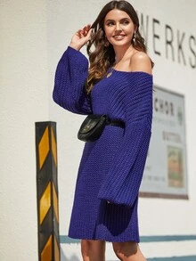 SHEIN 落肩燈籠袖素色毛衣連衣裙 - 寶藍色 - 查看 3