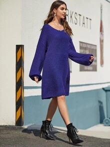 SHEIN 落肩燈籠袖素色毛衣連衣裙 - 寶藍色 - 查看 5