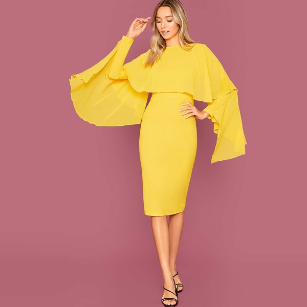 

Asymmetrical Ruffle Cape Detail Split Hem Pencil Dress, Yellow