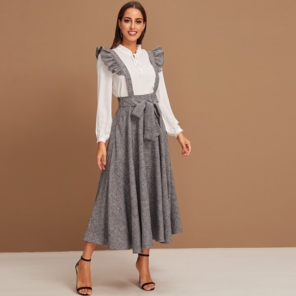 

Ruffle Detail Suspender Flare Dress With Belt, Grey