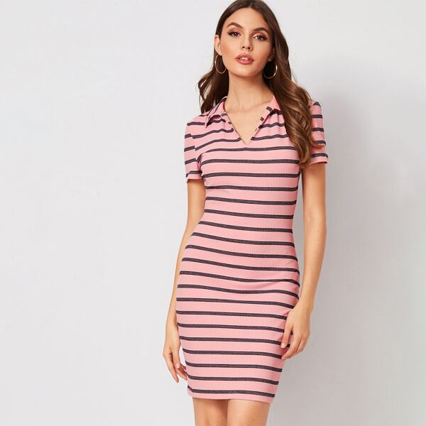 

Collared V-neck Striped Rib-knit Fitted Dress