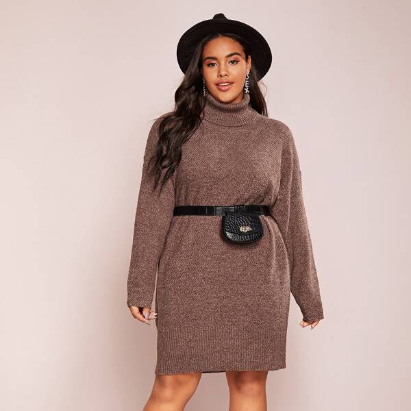 

Plus Turtle Neck Sweater Dress Without Bag, Brown