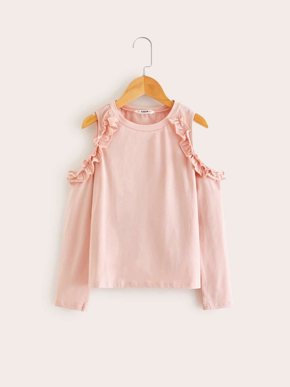 

Girls Open Shoulder Frill Trim Tee, Pink
