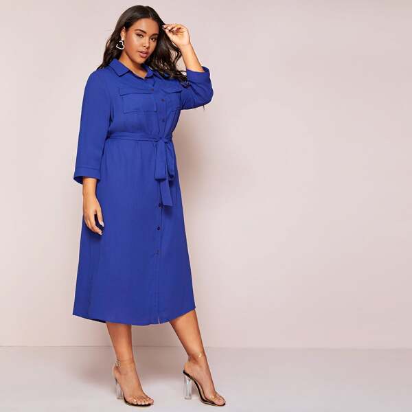 

Plus Flap Pocket Belted Shirt Dress, Blue