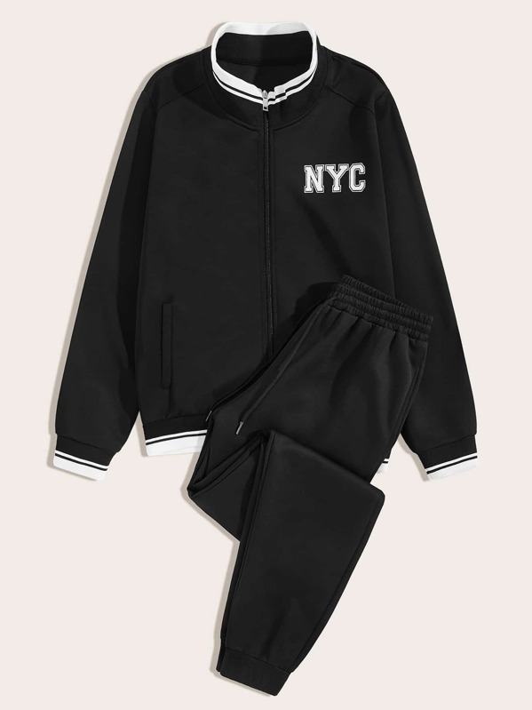 

Men Letter Graphic Tape Trim Tracksuit, Black, Ramon