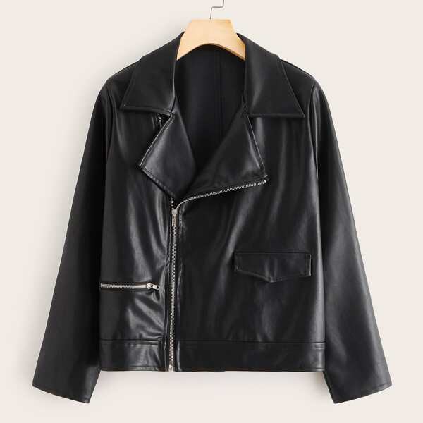 

Zip Up PU Leather Biker Jacket, Black