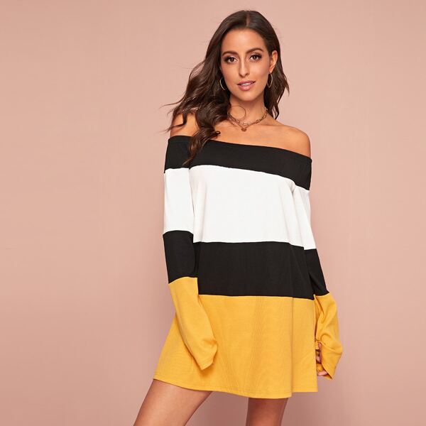 

Off Shoulder Colorblock Jersey Dress, Multicolor