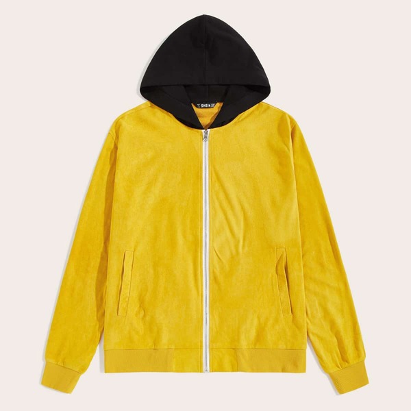 

Men Zipper Up Contrast Hoodie Suede Jacket, Yellow bright