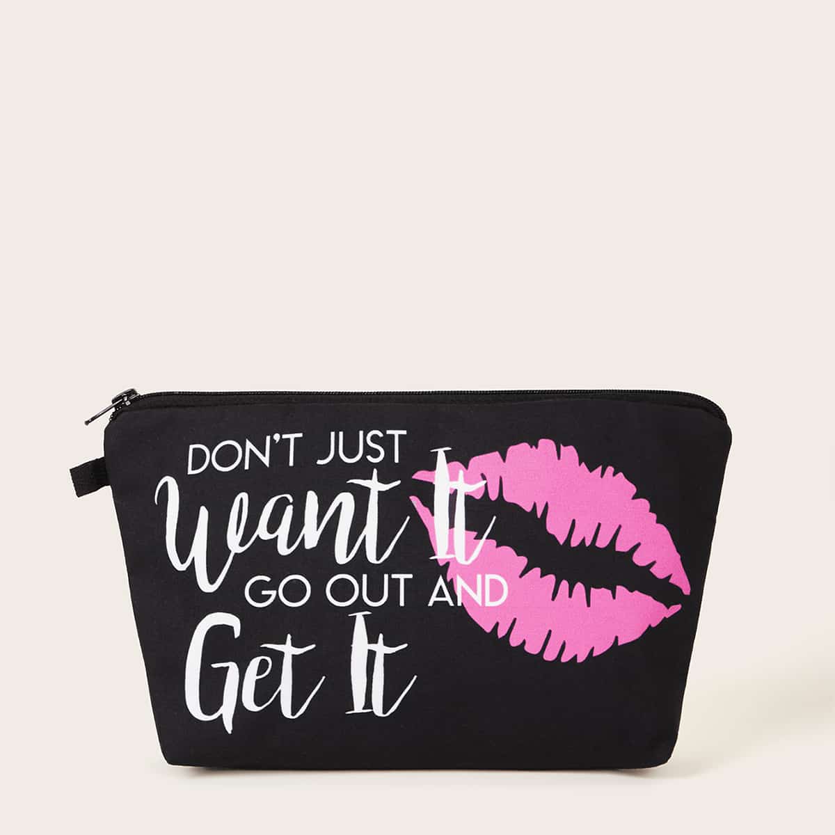 

Letter & Mouth Pattern Makeup Bag, Black
