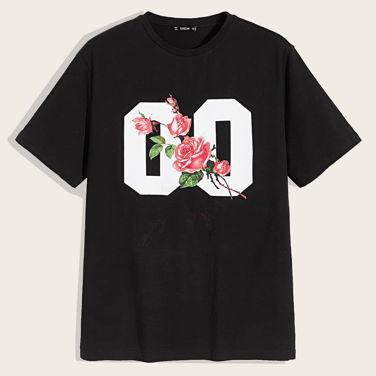 

Guys Number and Rose Print Tee, Black