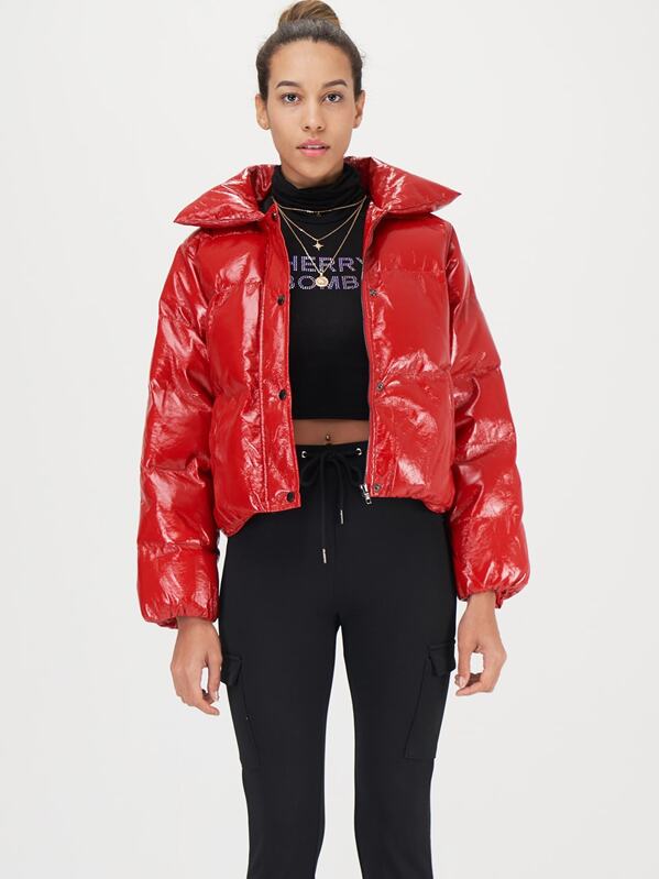 

Pocket Detail PU Padded Jacket, Red