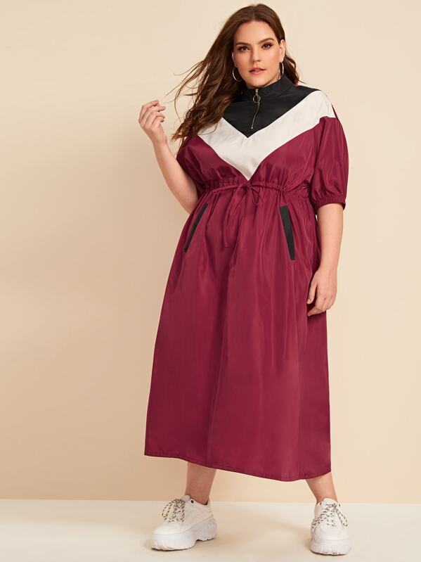 

Plus Drawstring Waist Chevron Colorblock Half Zipper Jacket, Burgundy, Ella
