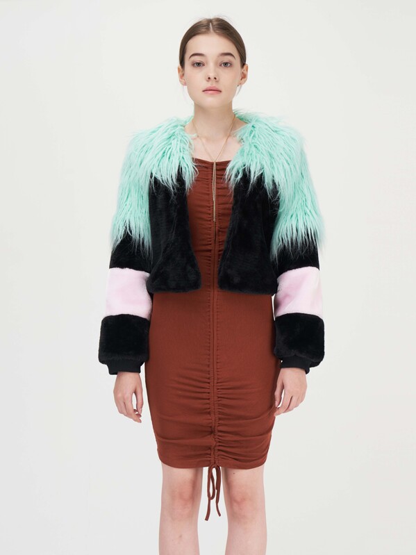 

Faux Fur Colorblock Coat, Multicolor