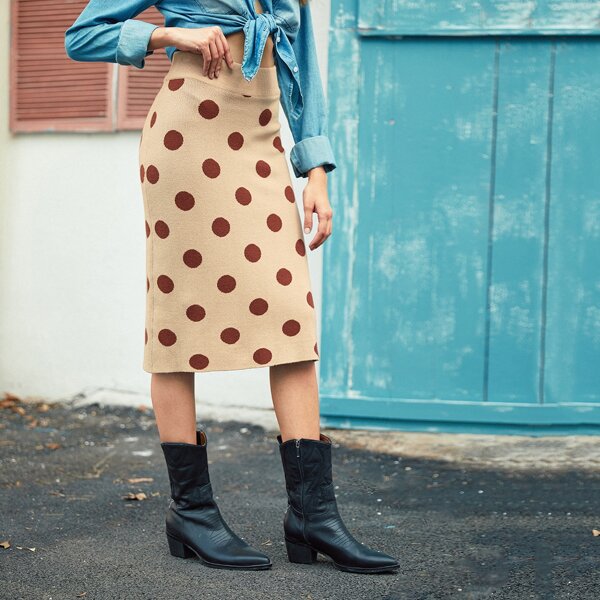 

Split Back Polka Dot Sweater Skirt, Beige pastel