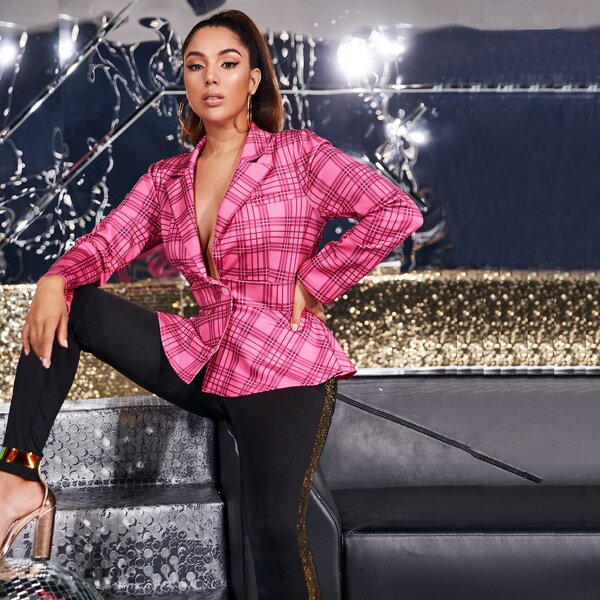 

Notch Collar Single Button Plaid Blazer, Pink bright