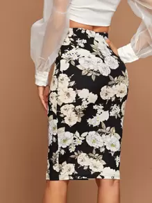 SHEIN Clasi Floral Print Pencil Skirt - Black and White - View 2
