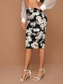SHEIN Clasi Floral Print Pencil Skirt - Black and White - View 5