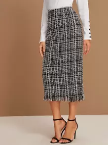 SHEIN Unity Váy Dây kéo Sọc ca rô Đen và trắng Thanh lịch - Đen và trắng - Xem 4