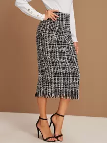 SHEIN Unity Váy Dây kéo Sọc ca rô Đen và trắng Thanh lịch - Đen và trắng - Xem 5