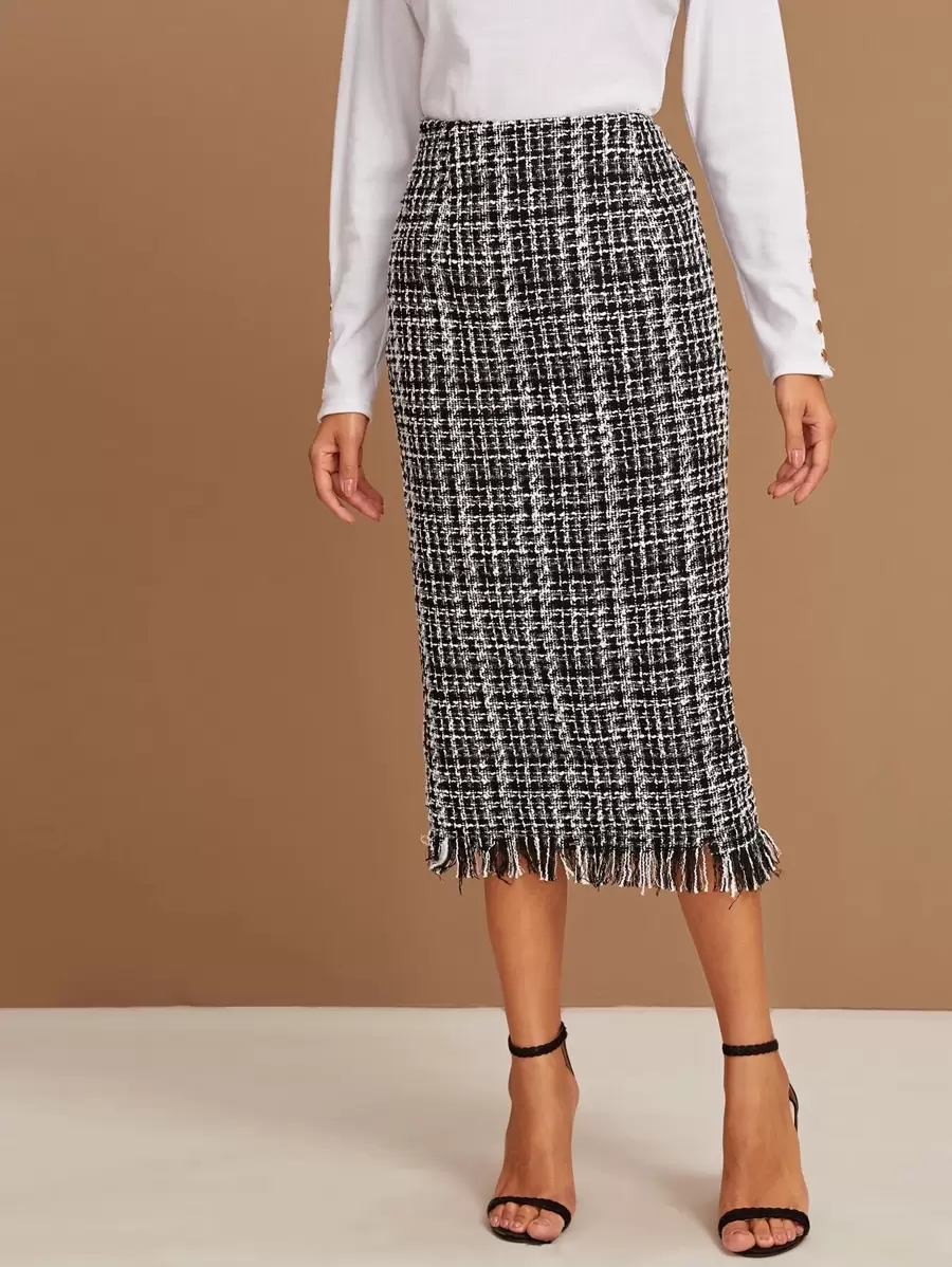 SHEIN Unity Váy Dây kéo Sọc ca rô Đen và trắng Thanh lịch - Đen và trắng - Xem 1