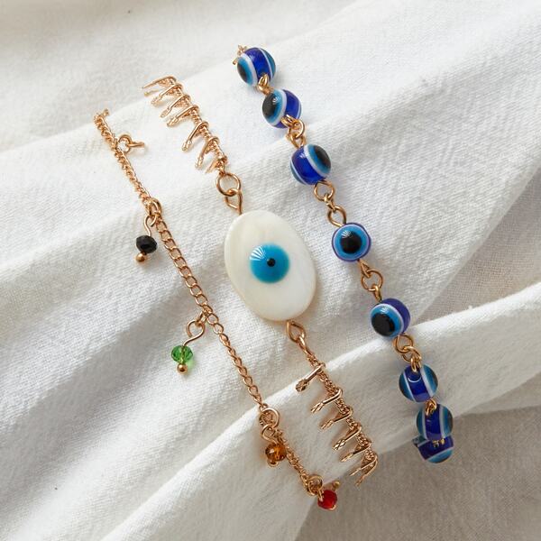 

3pcs Eye & Rhinestone Decor Chain Anklet, Gold
