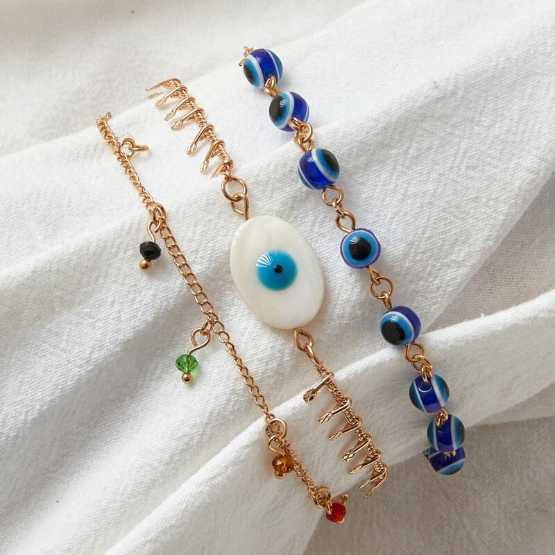 

3pcs Eye & Rhinestone Decor Chain Anklet, Gold