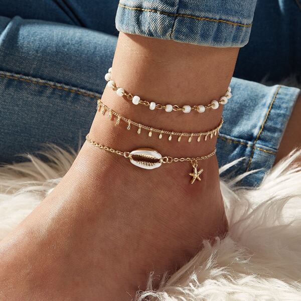 

3pcs Shell & Starfish Charm Chain Anklet, Gold