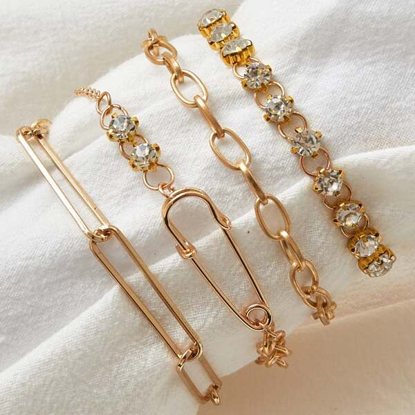 

4pcs Rhinestone & Paperclip Decor Chain Bracelet, Gold