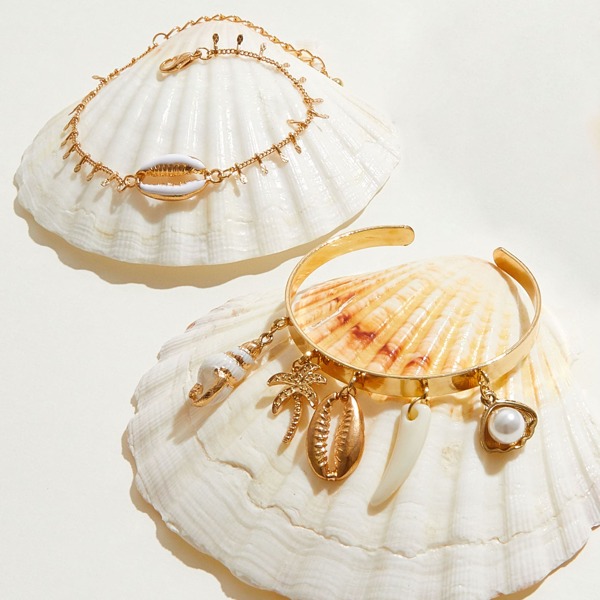 

2pcs Shell & Starfish Charm Bracelet, Gold
