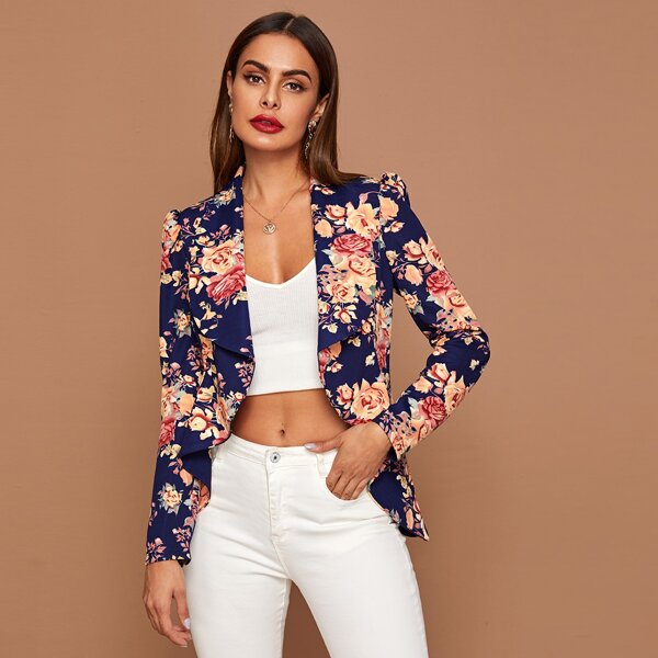 

Shawl Collar Asymmetrical Hem Floral Print Blazer, Multicolor