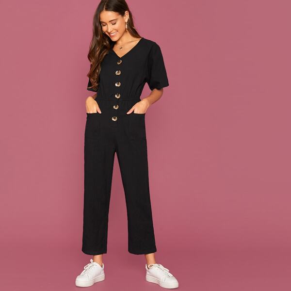 

Button Front Batwing Sleeve Pocket Patched Jumpsuit, Black