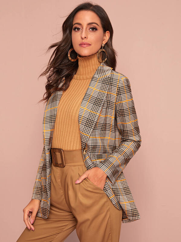 

Notch Collar Single Button Plaid Blazer, Multicolor, Mary P.