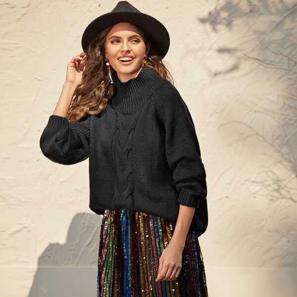 

Stand Collar Raglan Sleeve Cable Knit Sweater, Black