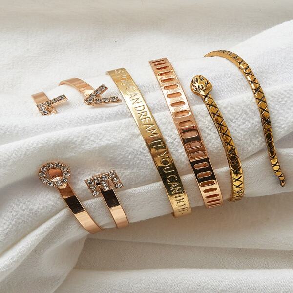 

5pcs Rhinestone & Serpentine Decor Bracelet, Gold