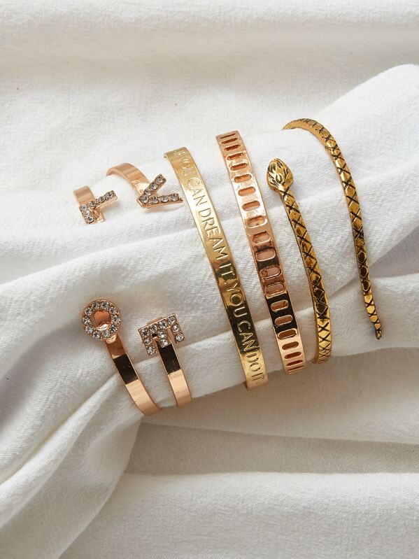 

5pcs Rhinestone & Serpentine Decor Bracelet, Gold